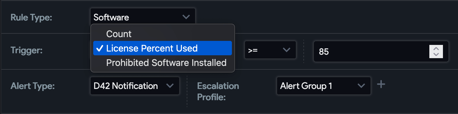 Software alert trigger options
