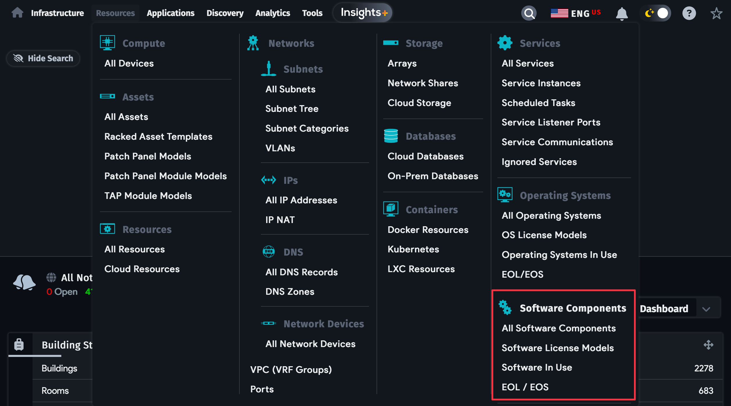 The Software Components section in the Resources menu