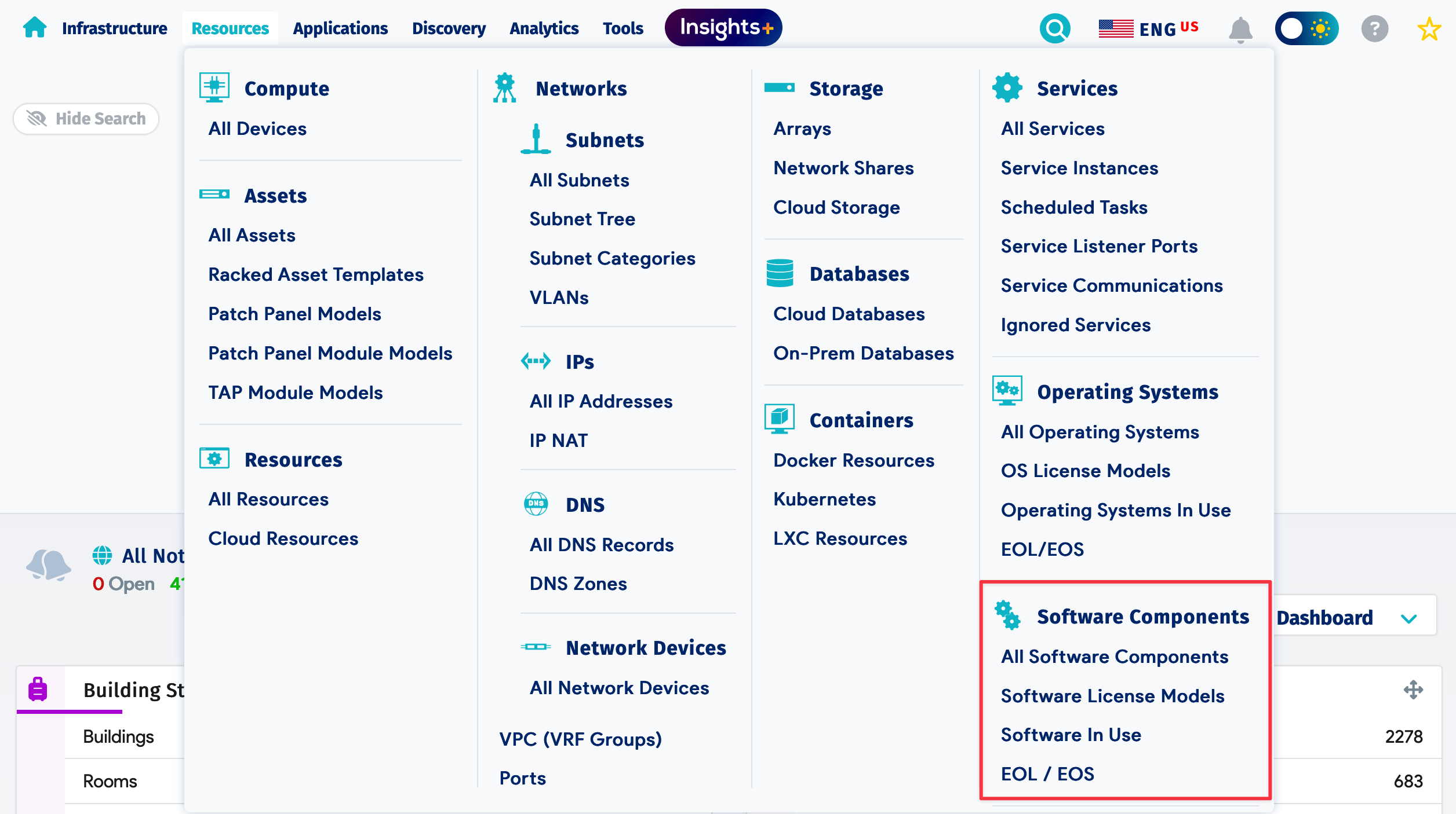 The Software Components section in the Resources menu