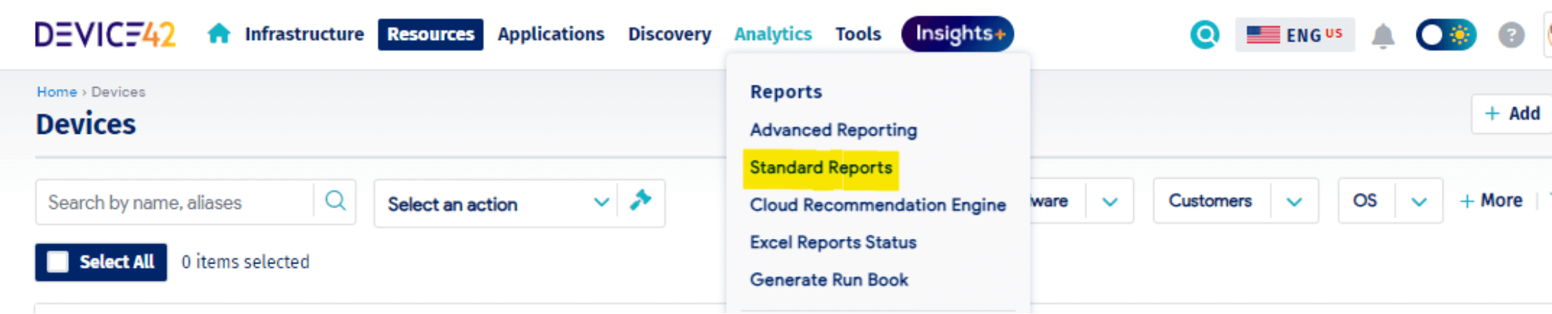Standard Reports menu