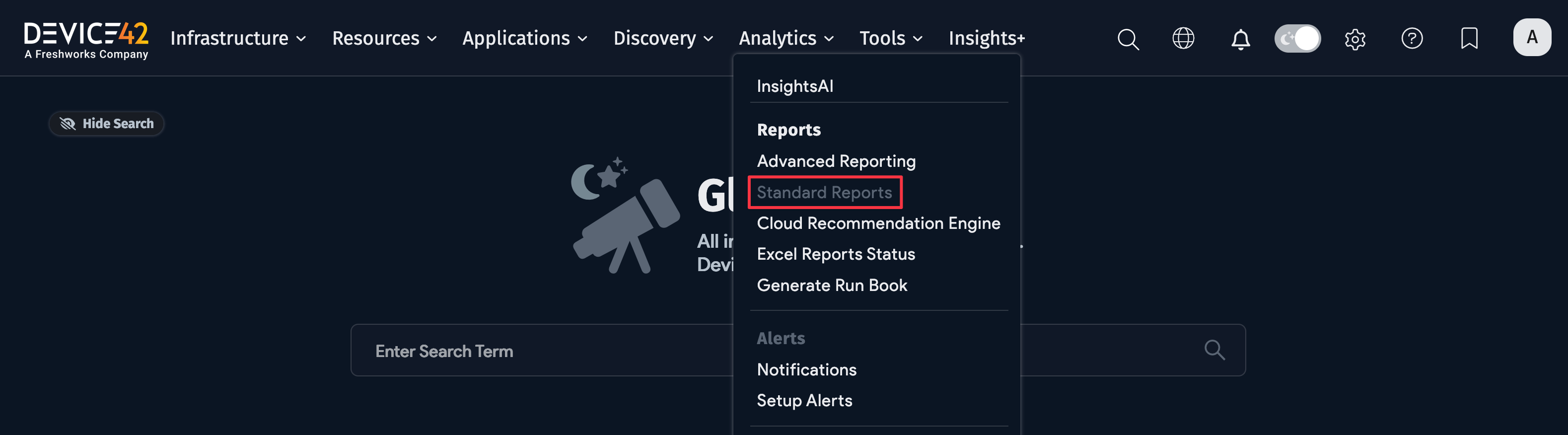 Standard reports menu