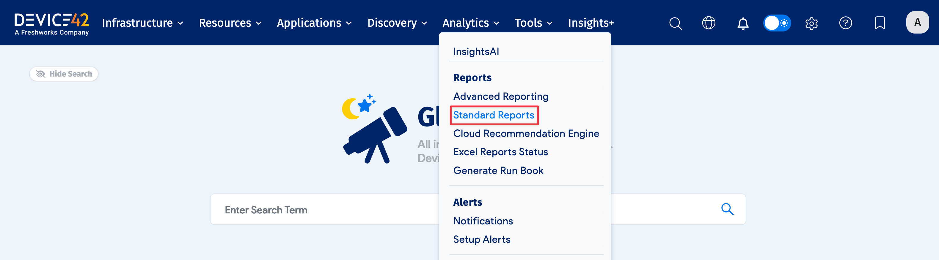Standard reports menu