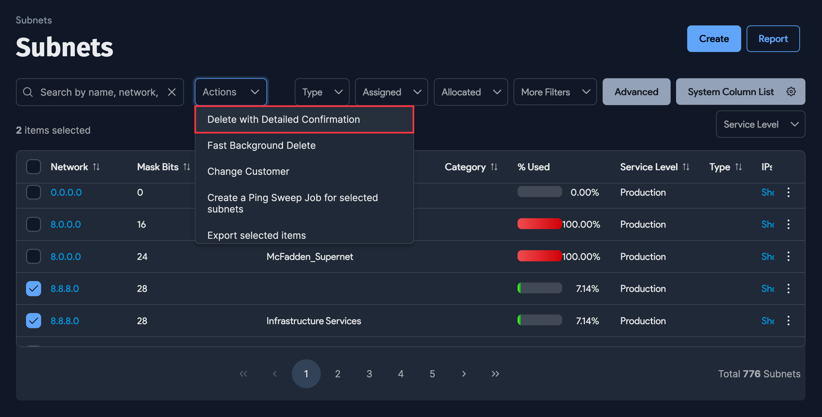 Subnet Action menu