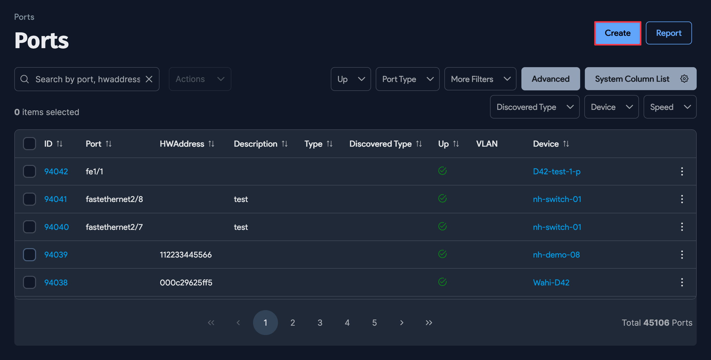 Ports list page