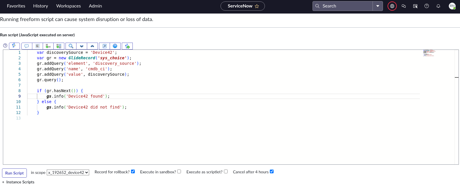 The JS script in ServiceNow