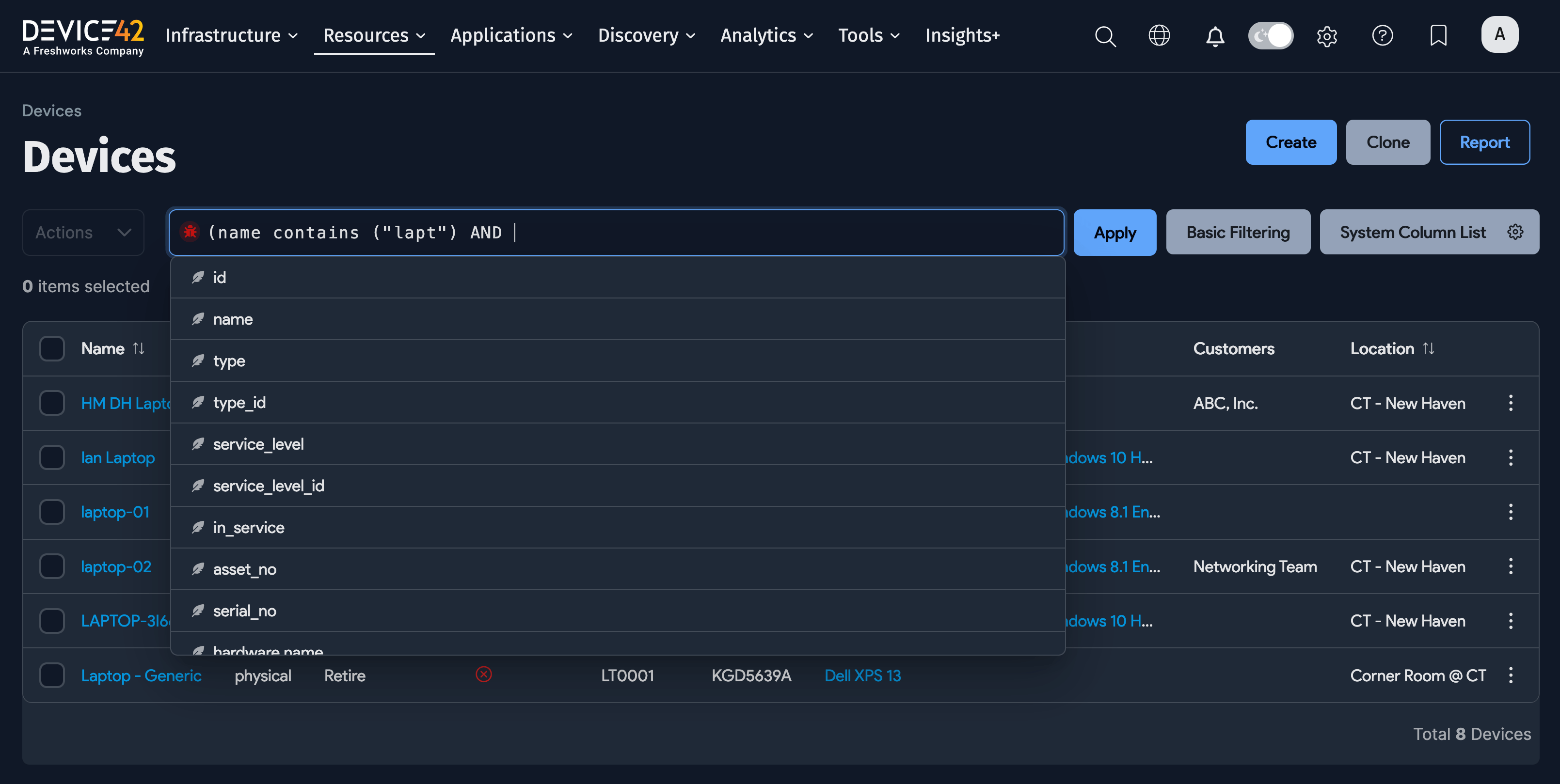 Devices list view