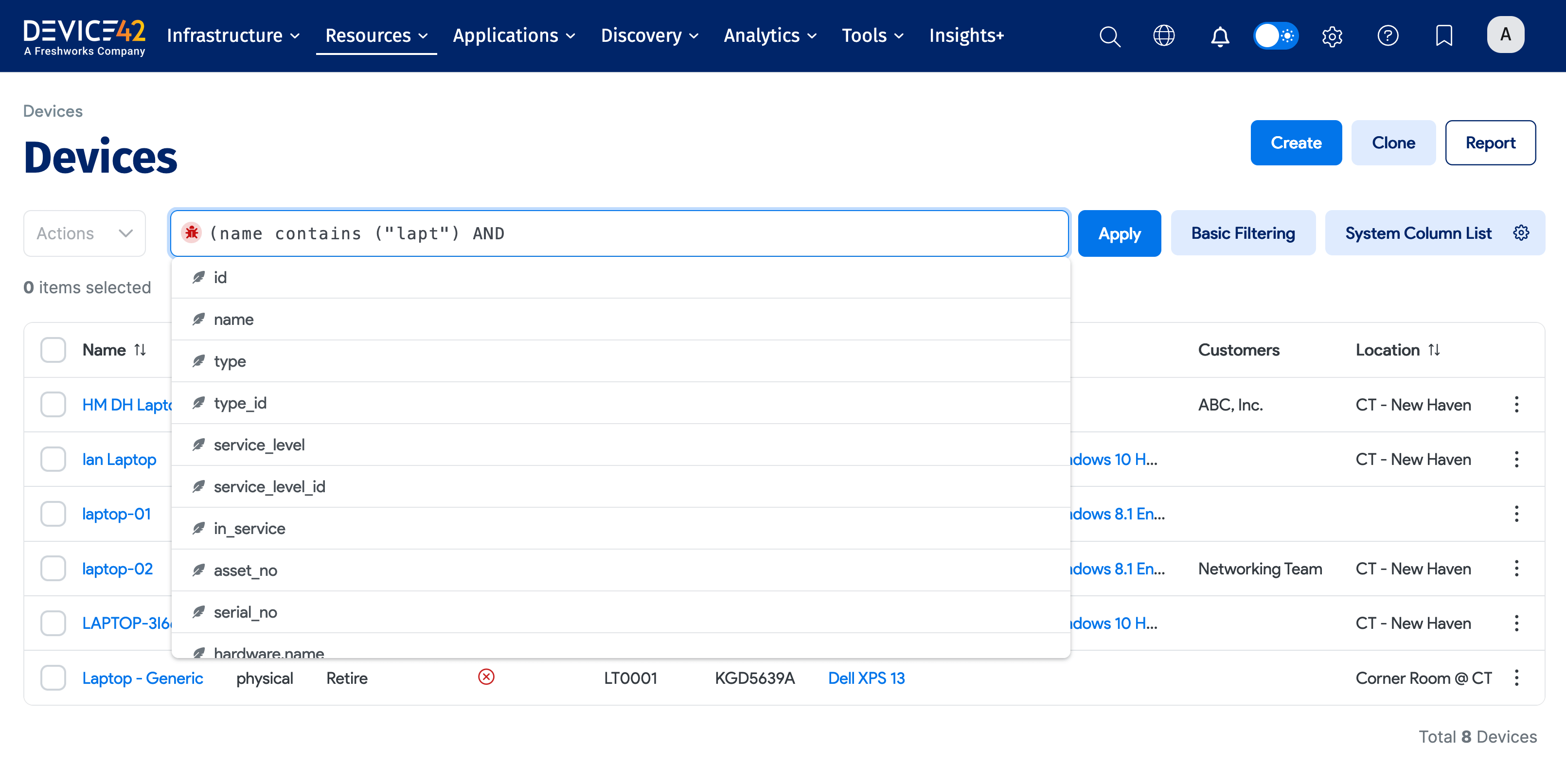 Devices list view
