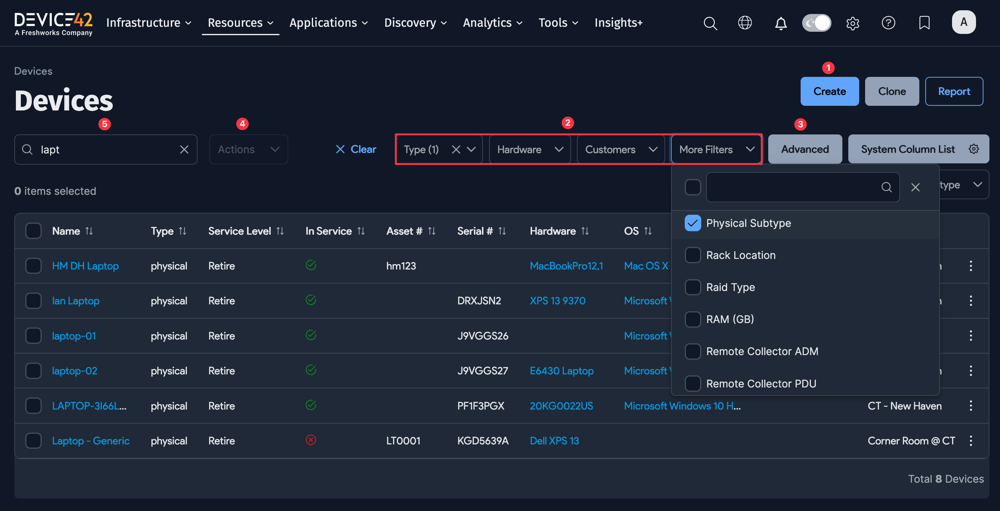 Devices list view