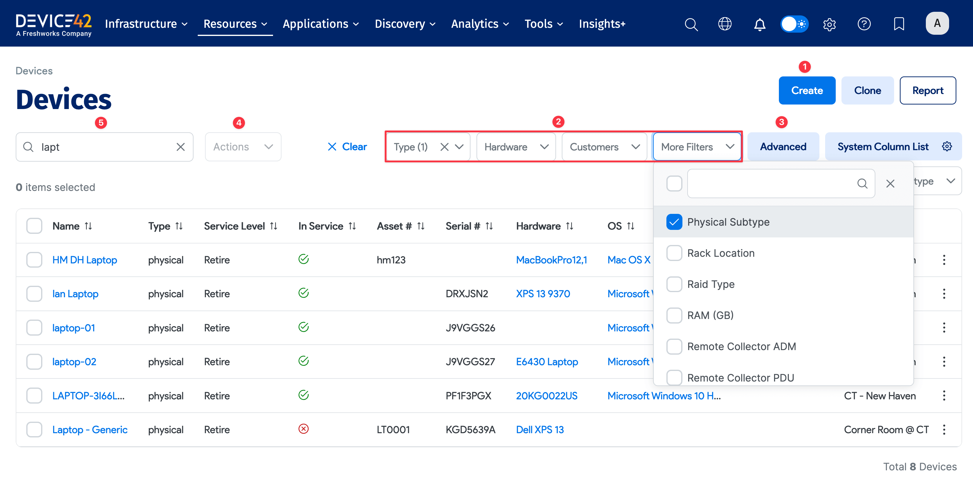 Devices list view