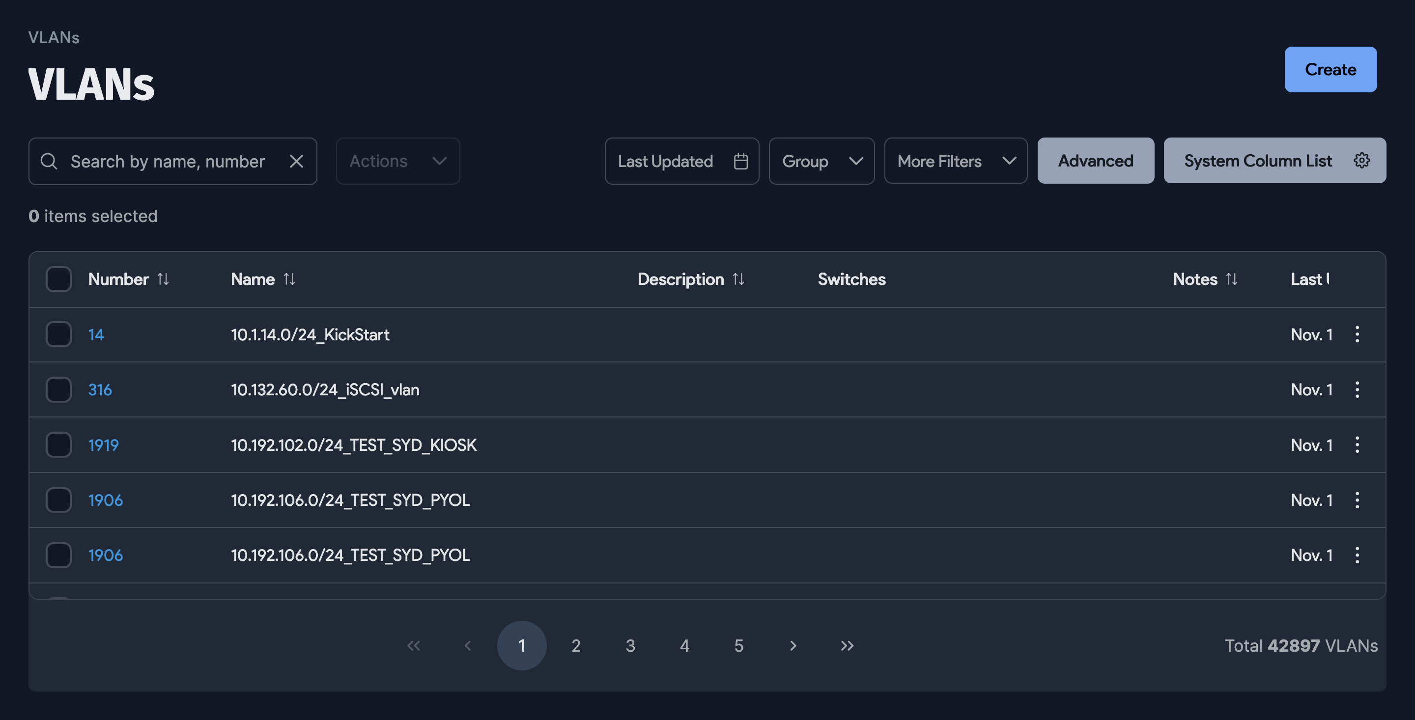 VLAN list page