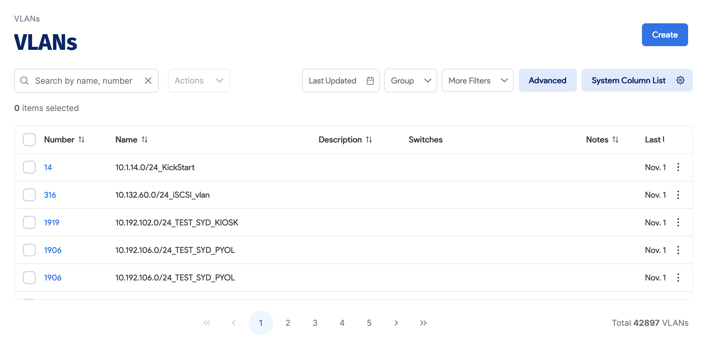 VLAN list page